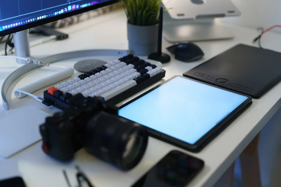 A website wireframe displayed on a MacBook screen sitting on an office desk.